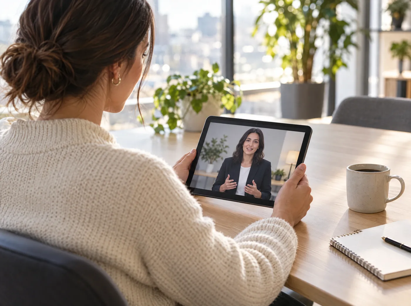 An employee watching a short AI-presented training on a tablet